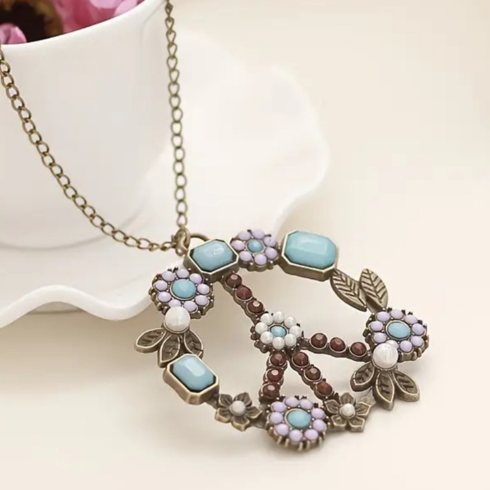 Floral Peace Sign Pendant Necklace in Turquoise and Pink